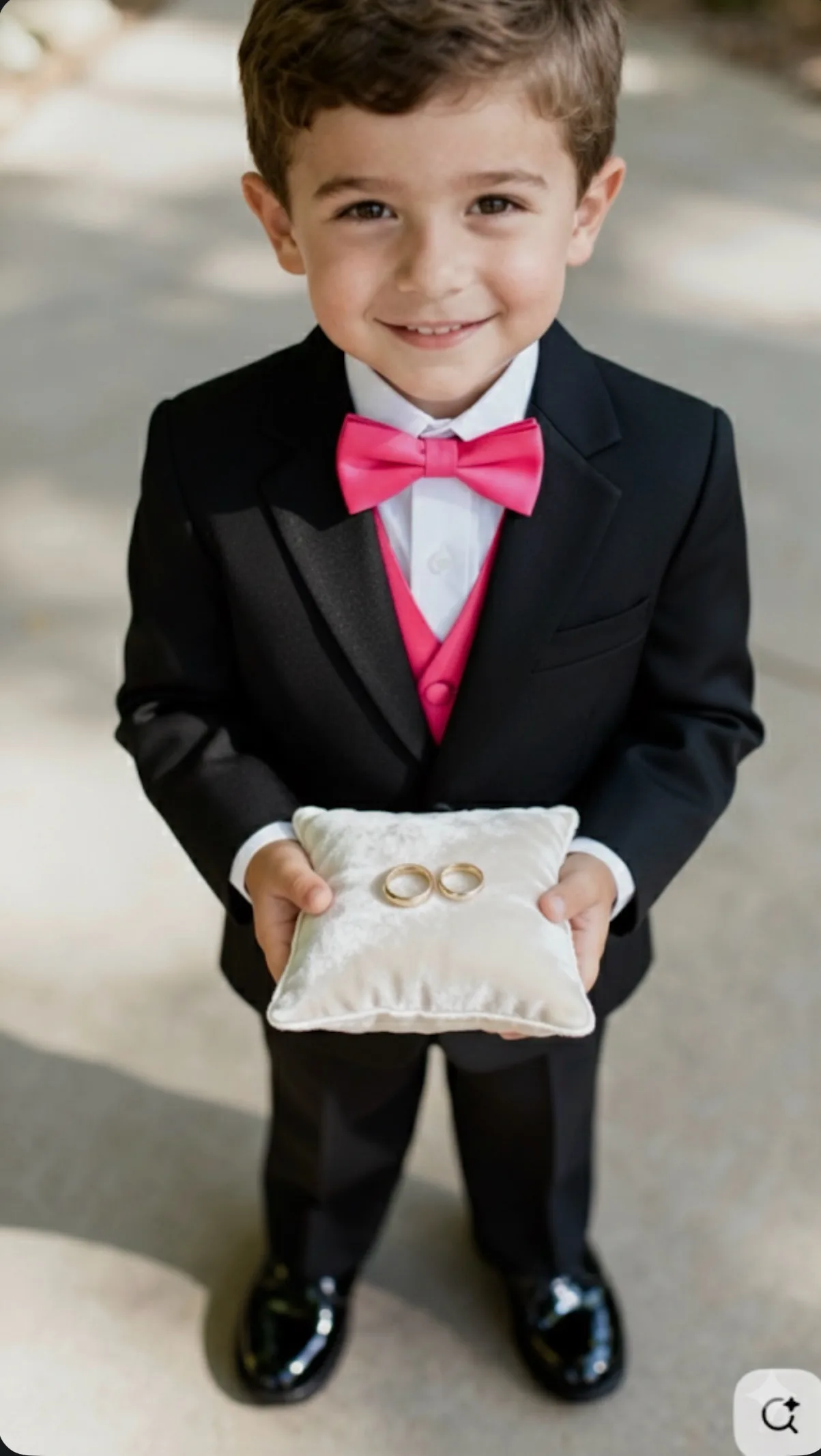 Bearers attire — black suit with pink bow tie